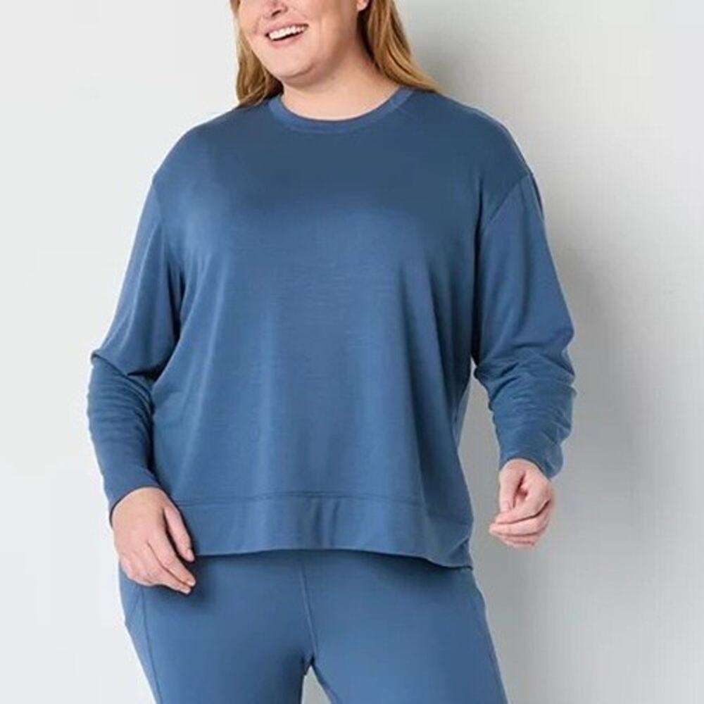 XERSION Women 2X Sweatshirt Blue Soft Touch French Terry Crew Neck Long Sleeves